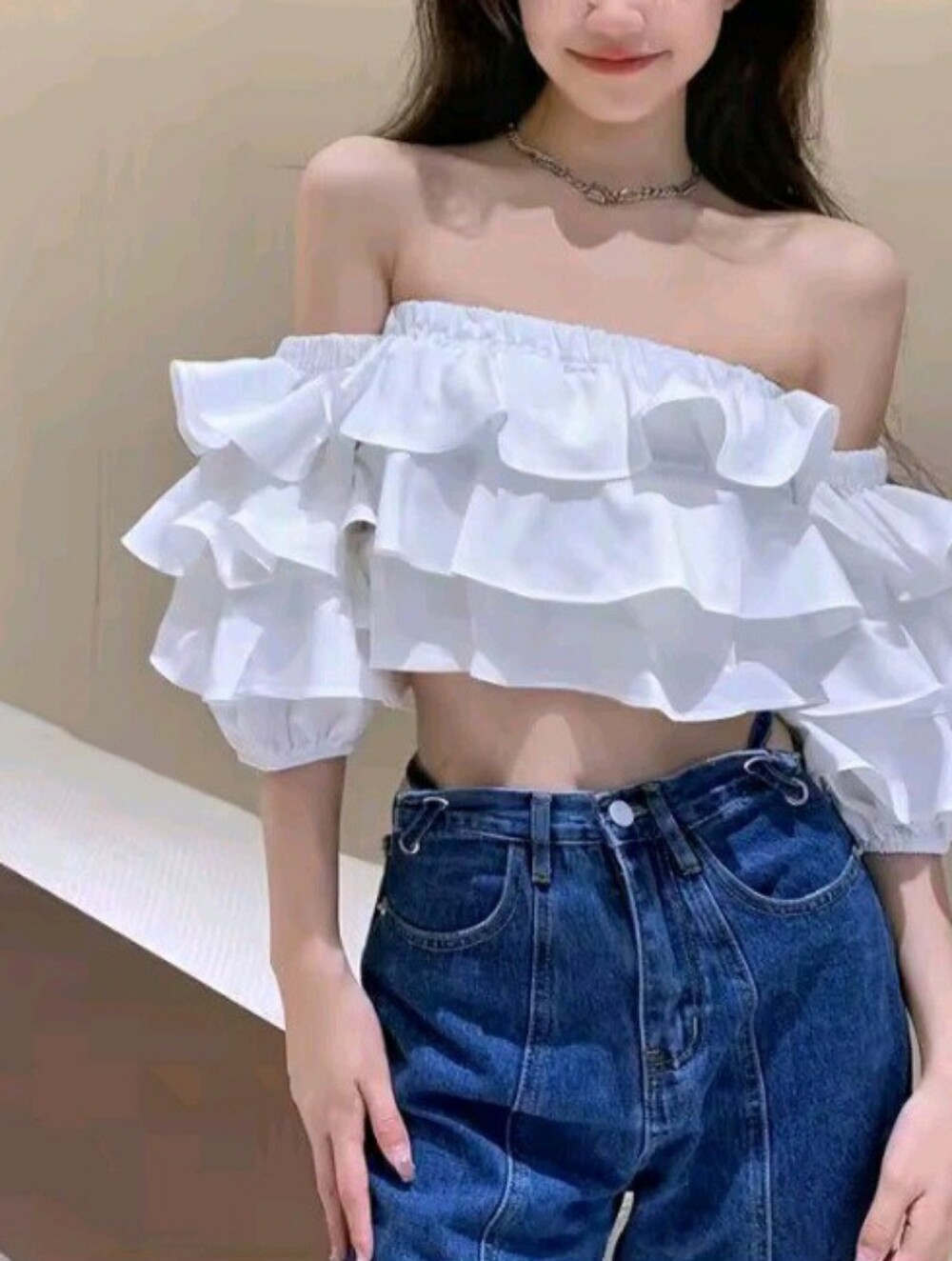 Women White Ruffle Short Sleeve Elastic Crop Top